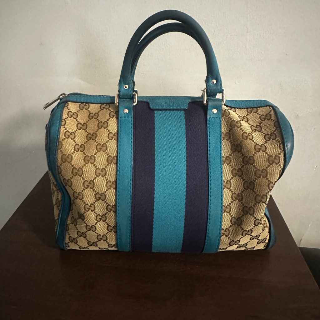 Gucci Beige Gg Canvas Satchel With Turquoise And Navy Stripes
